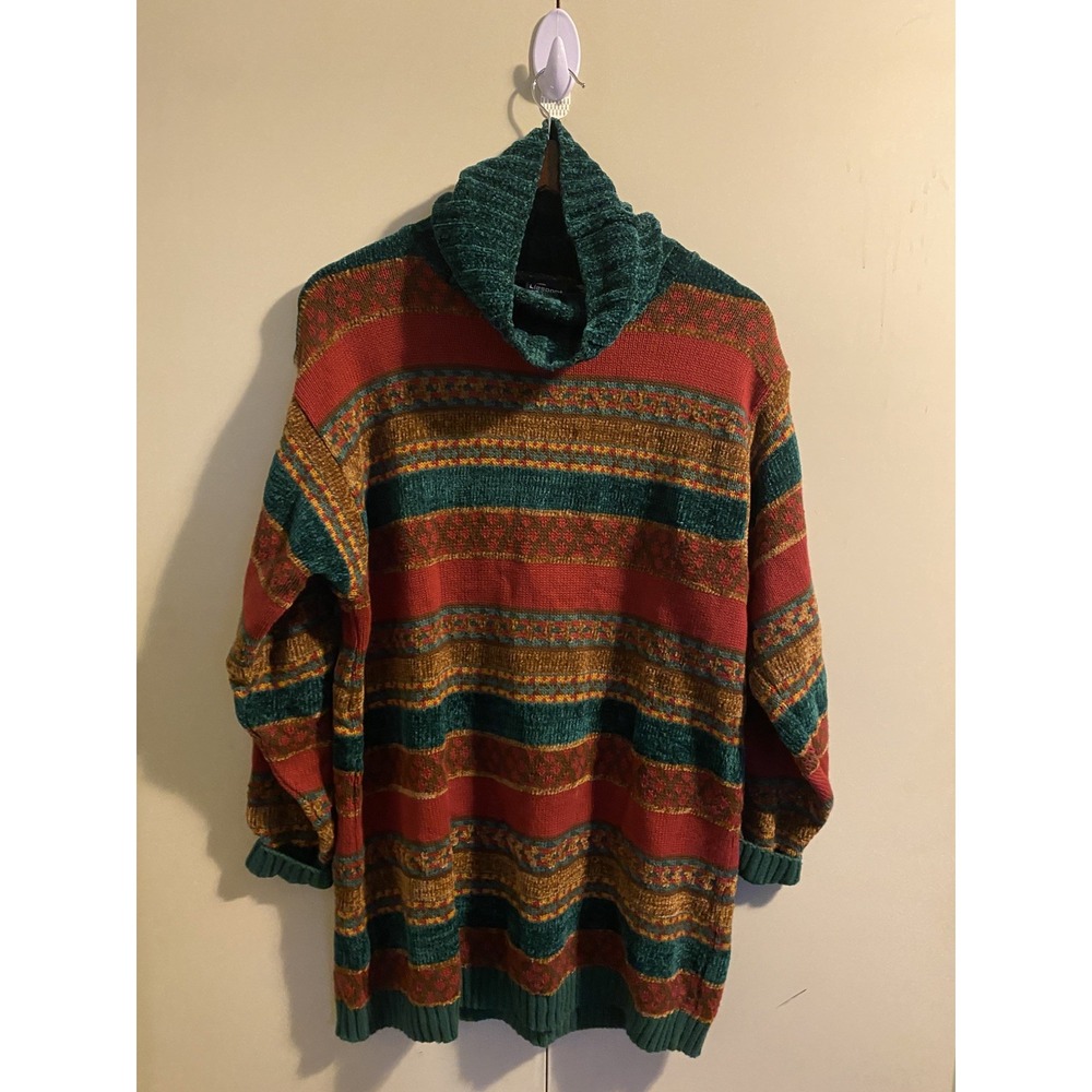 Liz Sport Red Knit Pullover Turtleneck Sweater Small Green Gold Chenille Trim S